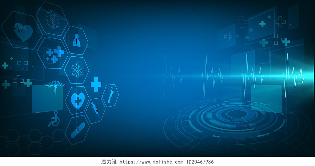 蓝色科技感心电图十字医疗图标展板背景